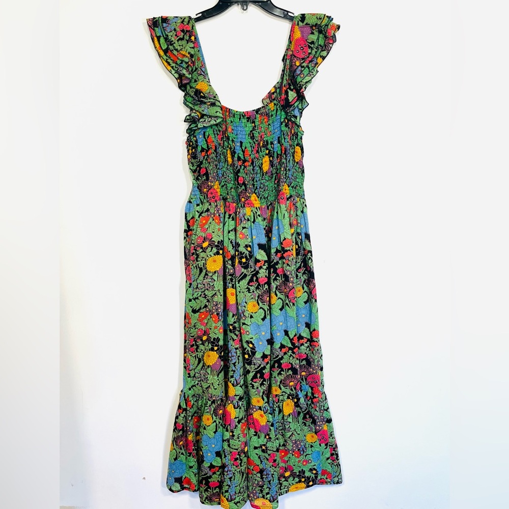Mille Tropical Smocked Midi Dress with Ruffle Sleeves - Green Floral - Picture 2 of 8